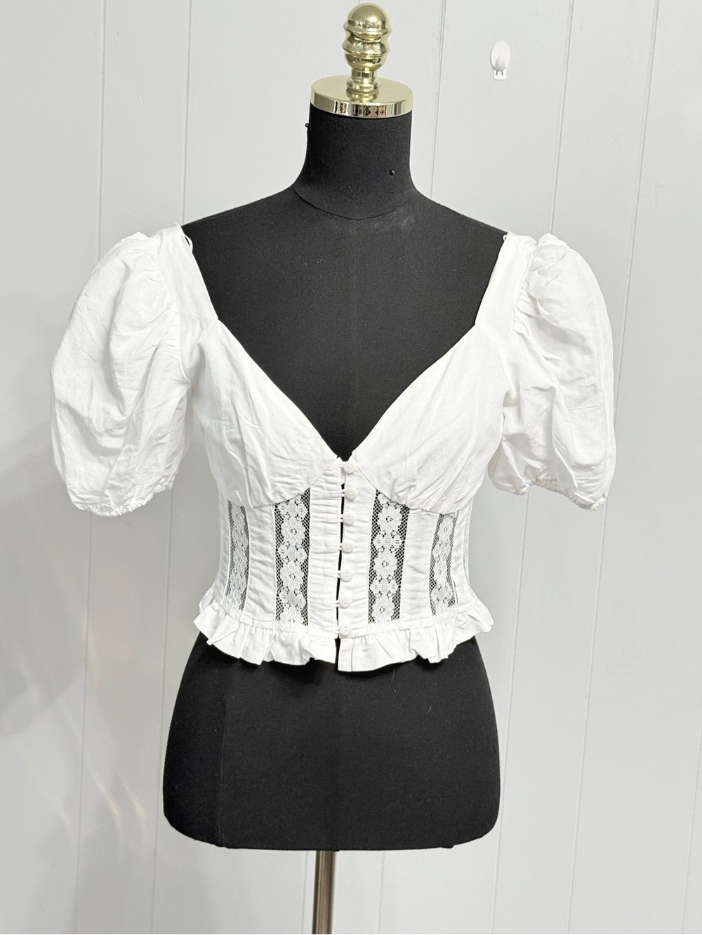 #19)  NWT A S T R  White Lace-Panel Puff Sleeve Corset Blouse